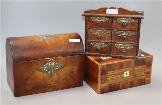 A Victorian tea caddy, a jewellery casket and a miniature spice chest